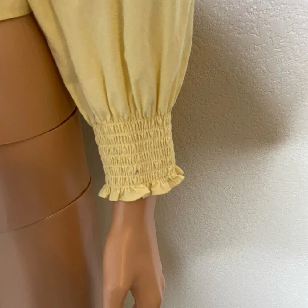 Abercrombie & Fitch pale yellow cropped front tie long sleeve ruffled V-neck SM
